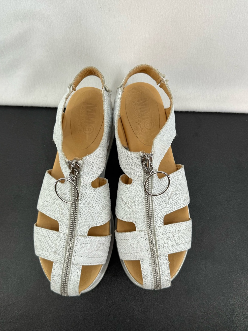MM6 Maison Martin Margiela White Textured Leather Zip Sandals